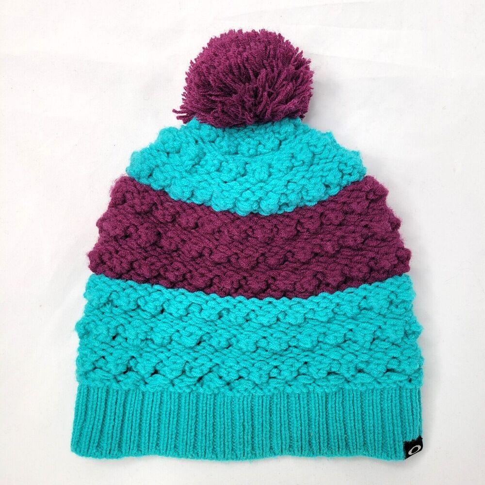 OAKLEY Turquoise Purple Pom Beanie Hat Ski Colorful Colorblock Knit
